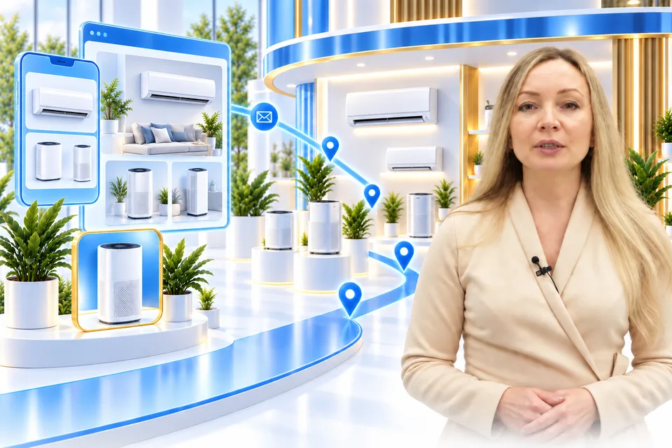 Елена Сергеева и иллюстрация кейса Ecolife: Выбрать технику → Связаться с салоном → Посетить магазин