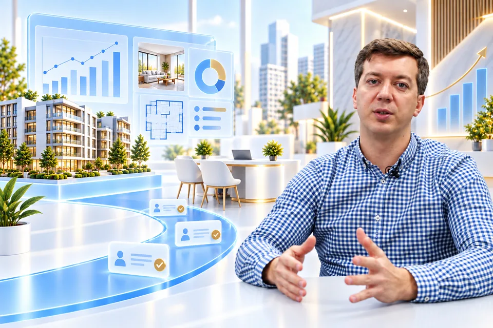 Антон Бердников и иллюстрация кейса Финансовая группа «Гарант»: Найти объект → Оставить обращение → Обсудить покупку