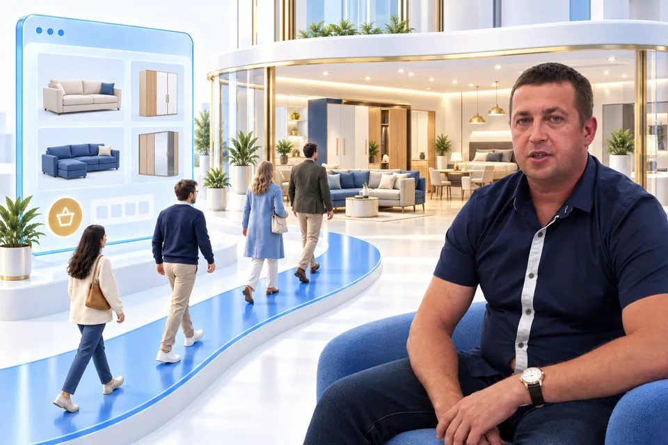 Сергей Верещагин и иллюстрация кейса «Мебель-Эконом»: Увидеть мебель → Посетить сайт → Купить онлайн или в магазине