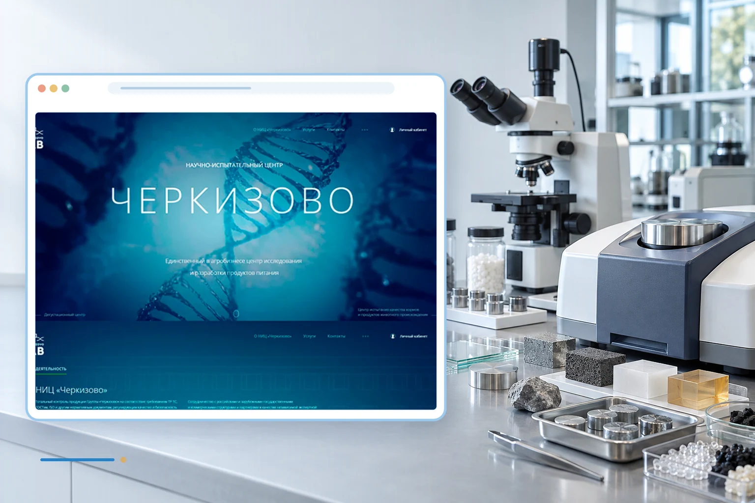 Фрагмент сайта и тематический фон проекта: Научно-испытательный центр «Черкизово»