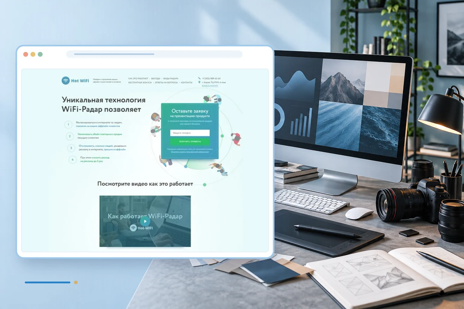 Фрагмент сайта и тематический фон проекта: Hot-WiFi Радар - технология по поиску и привлечению ваших офлайн посетителей в онлайне
