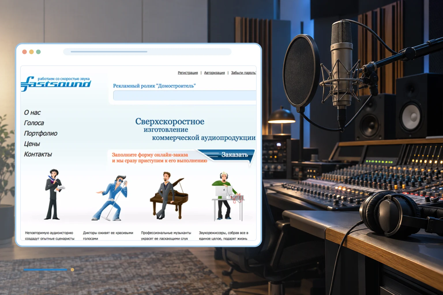 Фрагмент сайта и тематический фон проекта: Fastsound - производство аудироликов