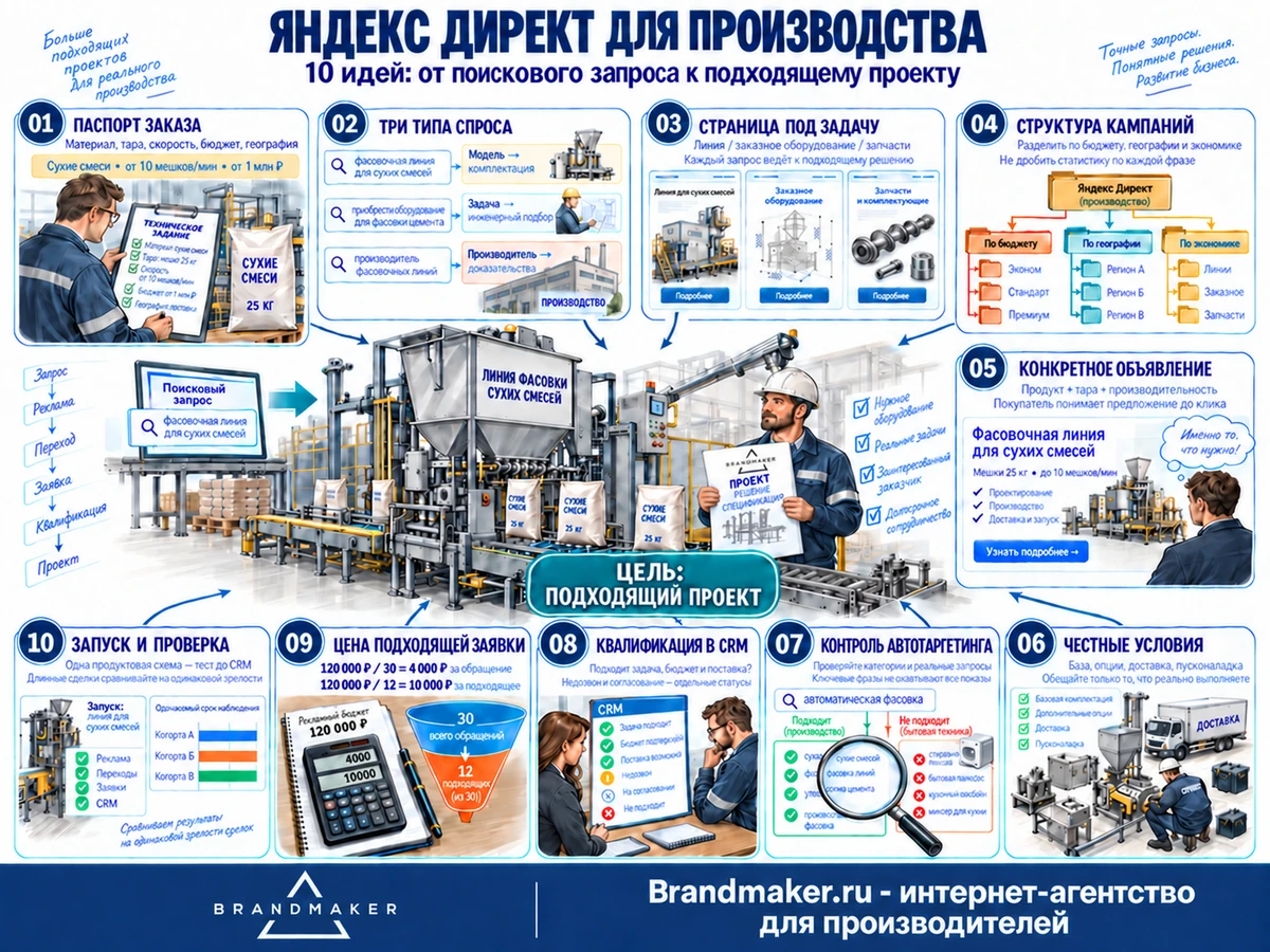 Подробная иллюстрированная карта десяти идей промышленной рекламы: паспорт заказа, спрос, посадочные, кампании, объявления, условия, автотаргетинг, CRM, стоимость обращения и тестовый запуск. Логотип Brandmaker и подпись «Brandmaker.ru - интернет-агентство для производителей».
